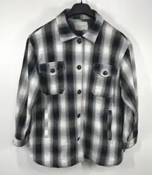 Lucky Brand Plaid‎ Shirt Jacket Cotton Button Front Shacket Black White Large