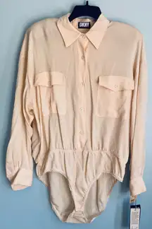 DKNY Bodysuit Blouse Off White 12 NWT 100% Silk