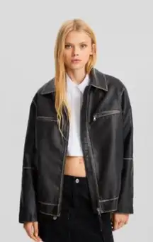 Bershka Black Leather Jacket with White Stitching