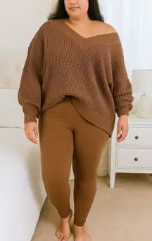 New Women's Zenana Plus Size V-Neck Off The Shoulder Waffle Knit Sweater Camel / Light Brown Sz 1X