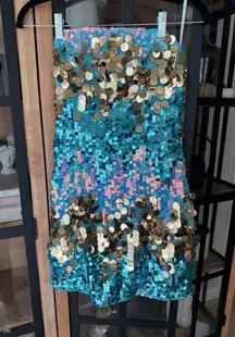 Mermaid core sequin dress mini bodycon strapless discs metallic shiny iridescent