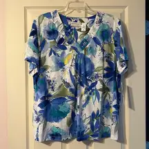 NWT Alfred Dunner V-Neck Vintage Blue Floral Embellished Blouse 2X