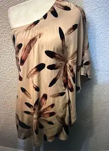 Audrey 3 1  Brown One Shoulder Feather Top Dress Kaftan Coverup Animal Print