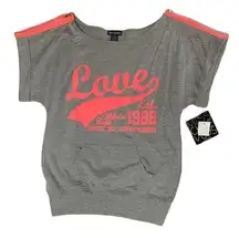 NEW Womens Miss Chievous Gray Short Sleeve Tunic Love Shirt Coral Zippers Size M