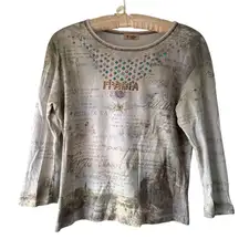 Y2K Cactus Italy Graphic Gemstone 3/4 Sleeve Top Size Medium