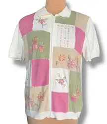 Vintage 90s Embroidered Cardigan Oatmeal Patchwork Light Pink Floral Knit Zipper