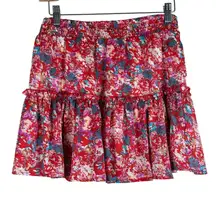 Fanco Mini Skirt Womens S Red Pink Floral Tiered Cottagecore Ruffle Boho Fairy