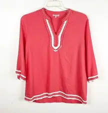 SAINT TROPEZ WEST Coral Linen Blend Embroidered Tunic Top, Size XL