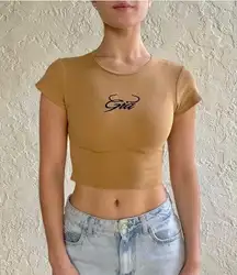 Y2K I.AM.GIA Baby tee cropped top crew beige sand tan ribbed embroidered logo