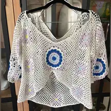 Zara crop top crochet evil eye cover-up wide boat neck swimsuit short sleeve