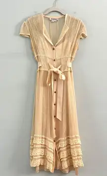 Kay Unger New York Vintage Lace Button Up Silk Cream Midi Dress