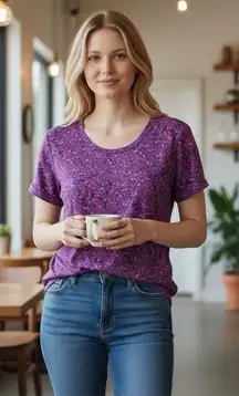 J Jill Purple Pink Paisley Print Everyday Cotton Tee Shirt Size S