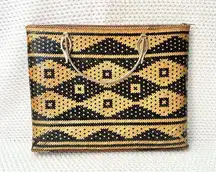 Vintage Philippines Tiruray Woven Raffia Tan Black Geometric Slim Top Handle Bag