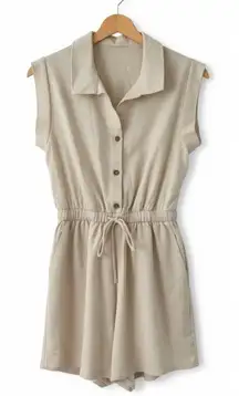 Gilly Hicks Oatmeal Beige Button Front Shorts Romper with Cinched Waist