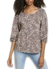 BOBEAU Women's Brown Animal Print Puff Long Sleeve Baby Doll Top Sz M