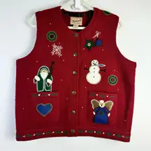 Woolrich 100% Wool Holiday Christmas Vest M Red Embroidered Santa Snowman Angel