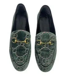 Gucci Jordaan Velvet Loafers GG Monogram Horsebit Green Pink Size 36.5