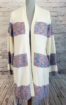 Lane Bryant Cozy Sweater Cardigan Duster Maxi Length Belted Striped Cream 14