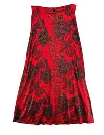 Vintage Y2k Cherry Red Maxi A-Line Stretchy Skirt Gold Threads M Boho Long