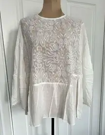 Endless Rose Blouse Top Round Neck 3/4 Bell Sleeve Front Lace Panel White Sz L