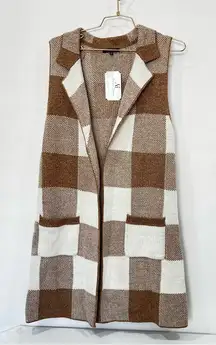 Open Front Sweater Vest Size Small Plaid Checks Khaki/Cream Beige Cable Knit