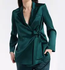 LIT Womens Blazer Jacket Medium Green Satin Waist Tie Chic Long Line Career