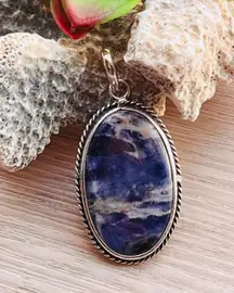 Natural Blue Sodalite Gemstone Sterling Silver Necklace 2” Pendant