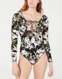 Volcom For Shore One Piece Long Sleeve Swimsuit Tropical Print Scoop Back Large