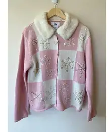 Ms. Lee Women’s L Cardigan Faux Fur Collar Pink Plaid Snowflake Beaded Knit