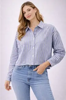Everlane The Cropped Relaxed Shirt Blue White Stripe Button-Up Women's Small NWT