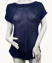 Eddie Bauer Linen Blend Loose Knit Sweater Cap Sleeves Size Small Navy Blue