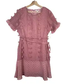 Andree by Unit Pink Dress Short Sleeve Medium Swiss Dot Poms Preppy Feminine NWT