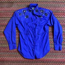 80s VINTAGE WRANGLER COBALT BLUE BEADED WESTERN EQUESTRAIN SHOW BUTTON UP