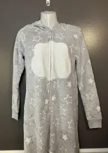 SO Intimates One-piece Pajamas Womens Medium Gray Stars Hooded Zip Sherpa Fleece