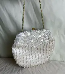 Vintage 50s 60s Sequin Beaded Framed Clutch Gold Chain Strap Ivory Cream Bridal