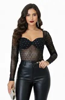 Blashe Mesh Rhinestone Bodysuit Womens L Black Sheer Long Sleeve Sexy Night Out