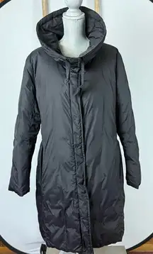 Eileen Fisher XL Black Down Feather Puffer Coat Jacket Funnel Neck Drawstring