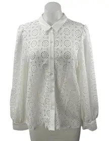 A. Calin by Flying Tomato White Lace Crochet Long Sleeve Button Down Shirt Top L