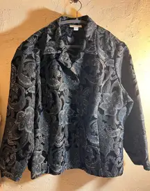 Dress Barn Brocade Black Blue Gray Paisley Blazer Plus 3X button front unlined