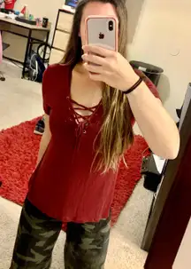 Red Criss Cross Lace Up Tee