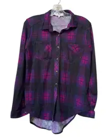 Grunge Plaid Flannel Shirt Purple Black Small Button Down