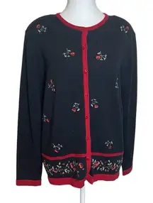 Alfred Dunner‎ Black Red Floral Embroidered Button Front Cardigan Medium Grandma