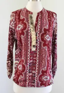 Tiny Anthropologie paisley print blouse boho slit v neck sequin Medium