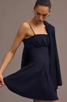 Anthropologie Maeve Black Ruched Pleated Mini Flare Dress Size 14 NEW