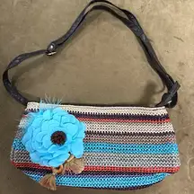 Multicolor Knit Shoulder Bag with Blue Floral Accent