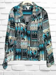 Dressbarn Women's Size 3X 3/4 Zip Up Blue Black Silver Tapestry Patchwork Jacket