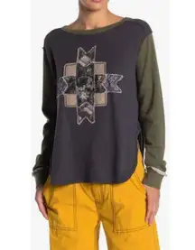 We The Free Lone Star Patchwork Charcoal Olive Green Thermal Top