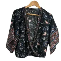 OLM shirt faux wrap deep V medium wide sleeve boho top