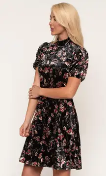 Black Velvet Knee Length Floral Dress