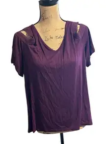 Mudd Purple Cut Out Cold Shoulder Short Sleeve T-Shirt with Embroidered Accents
